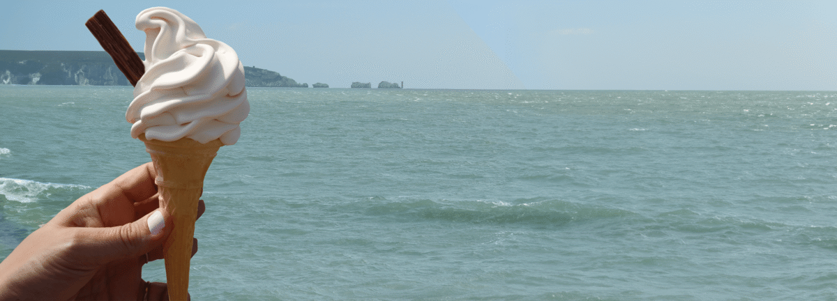 Hand holding a New Forest Ice Cream soft serve ice cream with a flake in it over looking the Solent and the Needles